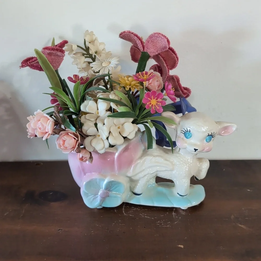 Charming Pastel Lamb Planter with Flowers Cottagecore Vintage Blue Pink Decor